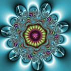 Colorful Digital Mandala with Floral and Geometric Patterns in Blues, Purples, and Gold