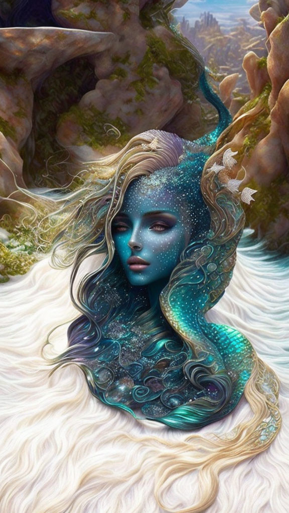 Mermaid with Blue Tail and White Hair in Light Sea Waves