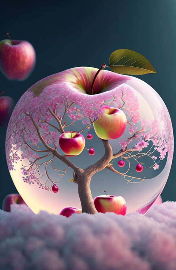 Miniature apple tree in transparent apple with pink blossoms on fluffy pink background
