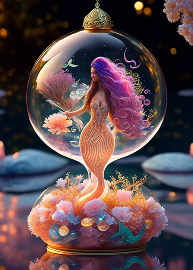 Mermaid in glass orb with coral and sea elements on twilight backdrop