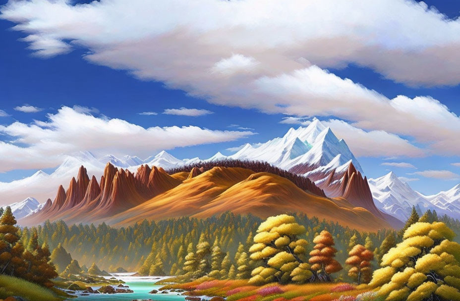 Scenic landscape painting with forests, meadows, river, and mountains
