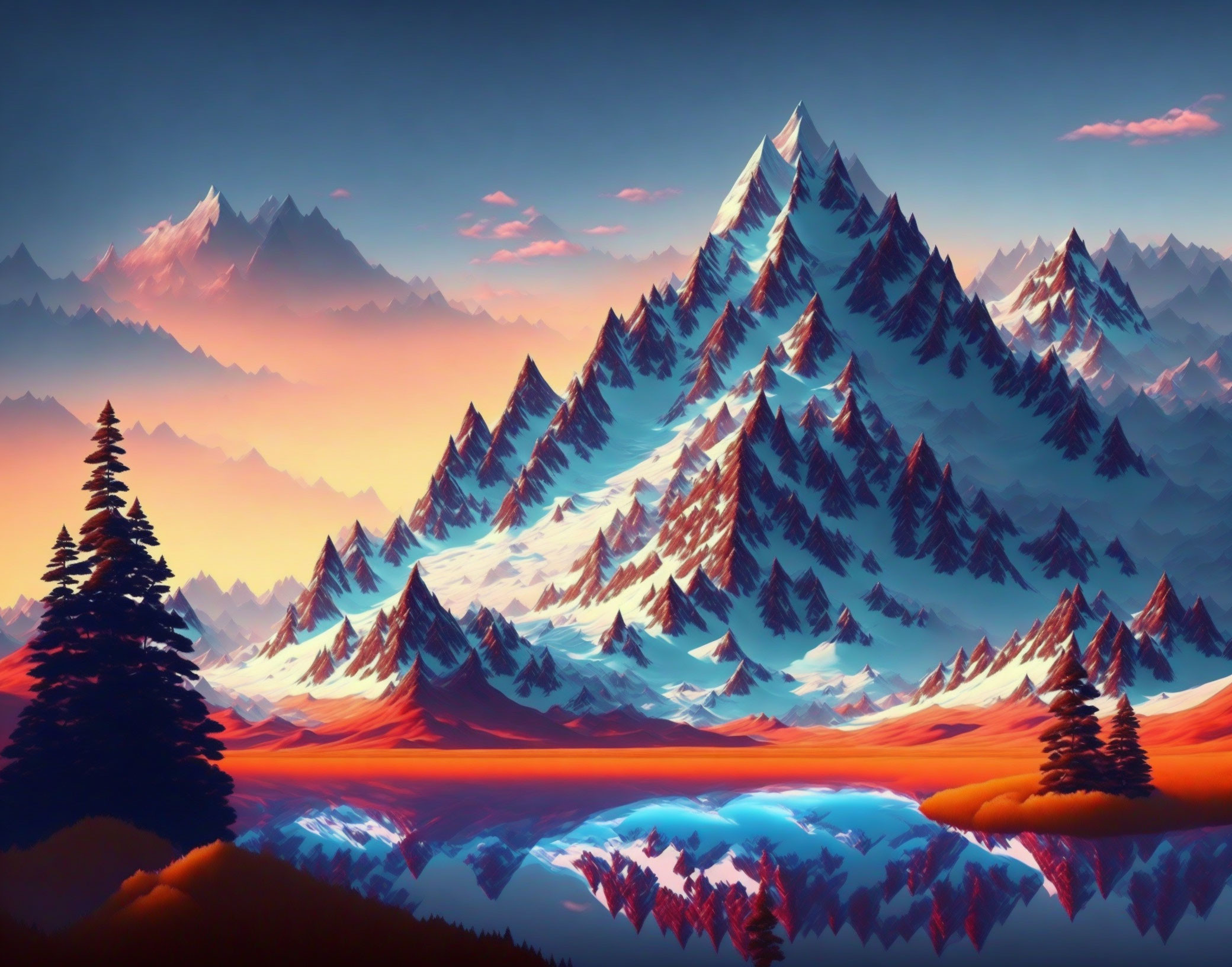 Vibrant surreal digital art: Exaggerated mountain peaks and colorful body in misty sky