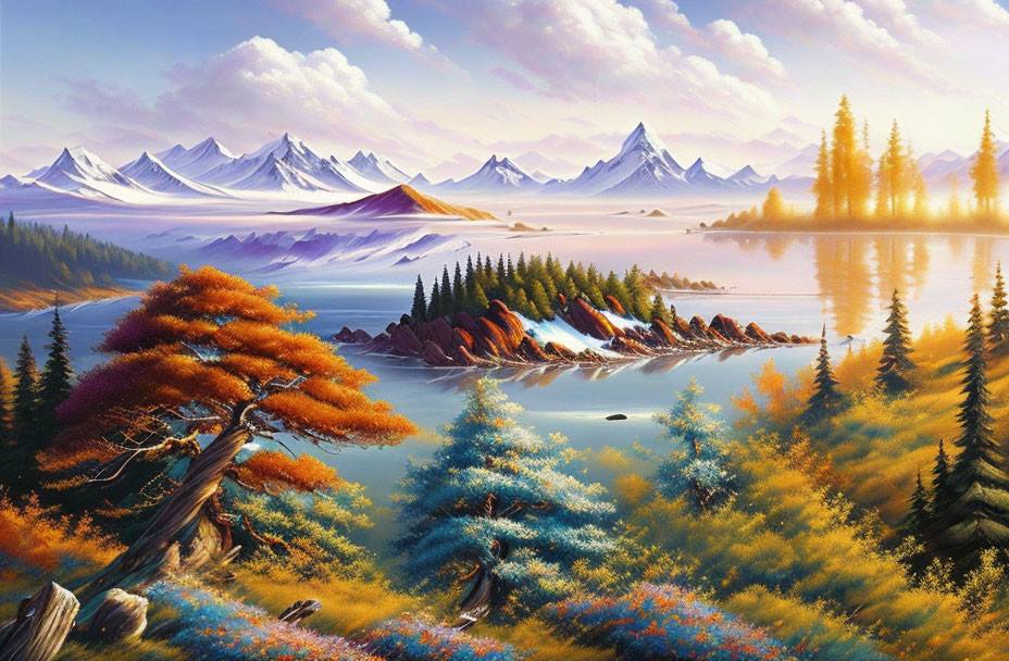 Colorful Landscape Painting: Serene Lake, Autumn Trees, Snow-Capped Mountains