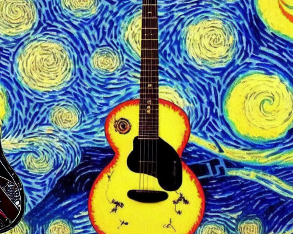 Yellow Acoustic Guitar with Eye Design on "Starry Night" Background