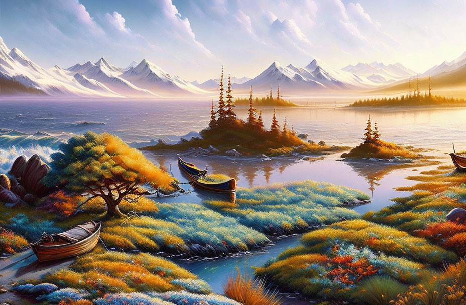 Scenic landscape painting of serene lake, boats, colorful flora, snow-capped mountains