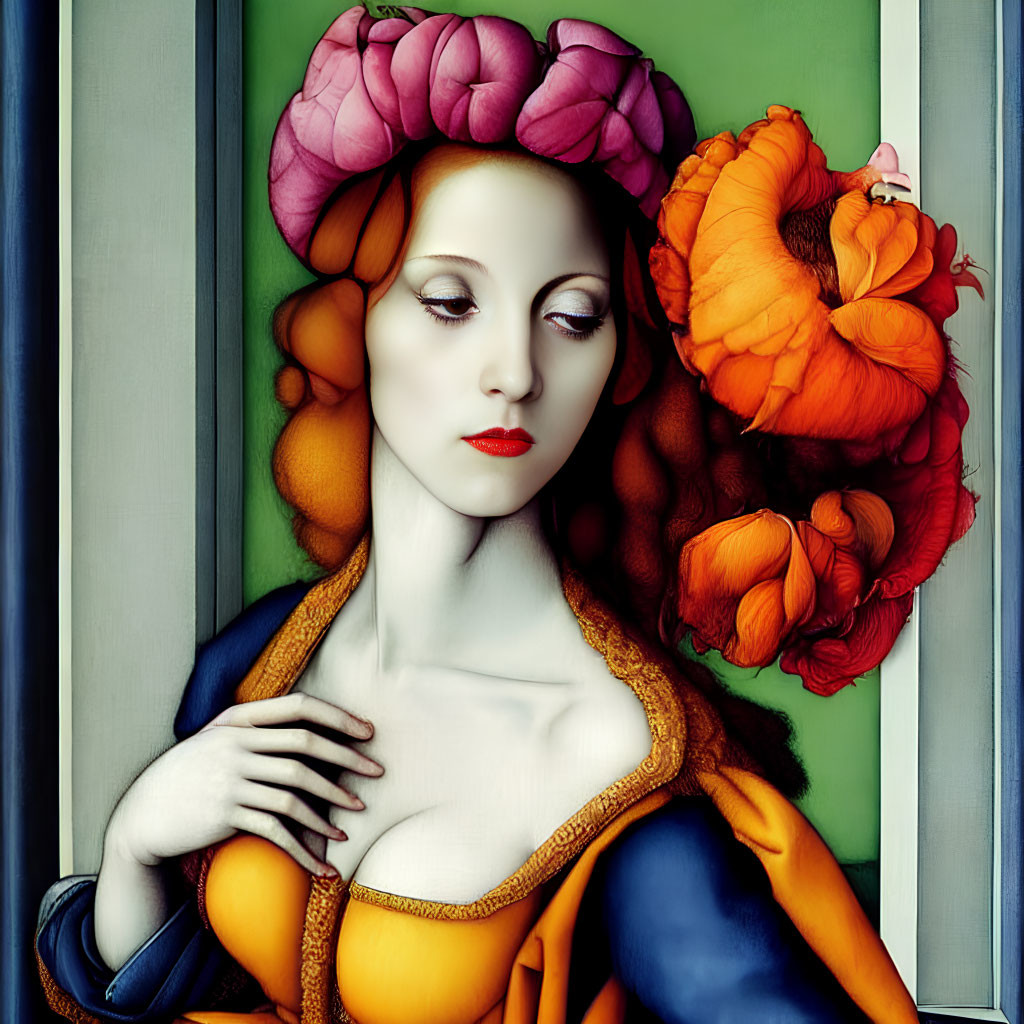 Colorful portrait of woman with pale skin, vibrant floral headpiece, blue attire.