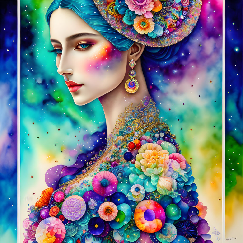 Vibrant digital artwork: Woman with blue hair and cosmic floral patterns