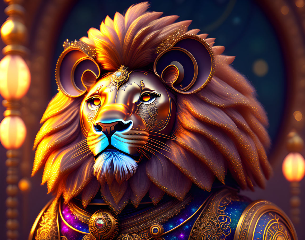 Majestic lion portrait with human-like features and ornate jewelry against lantern backdrop