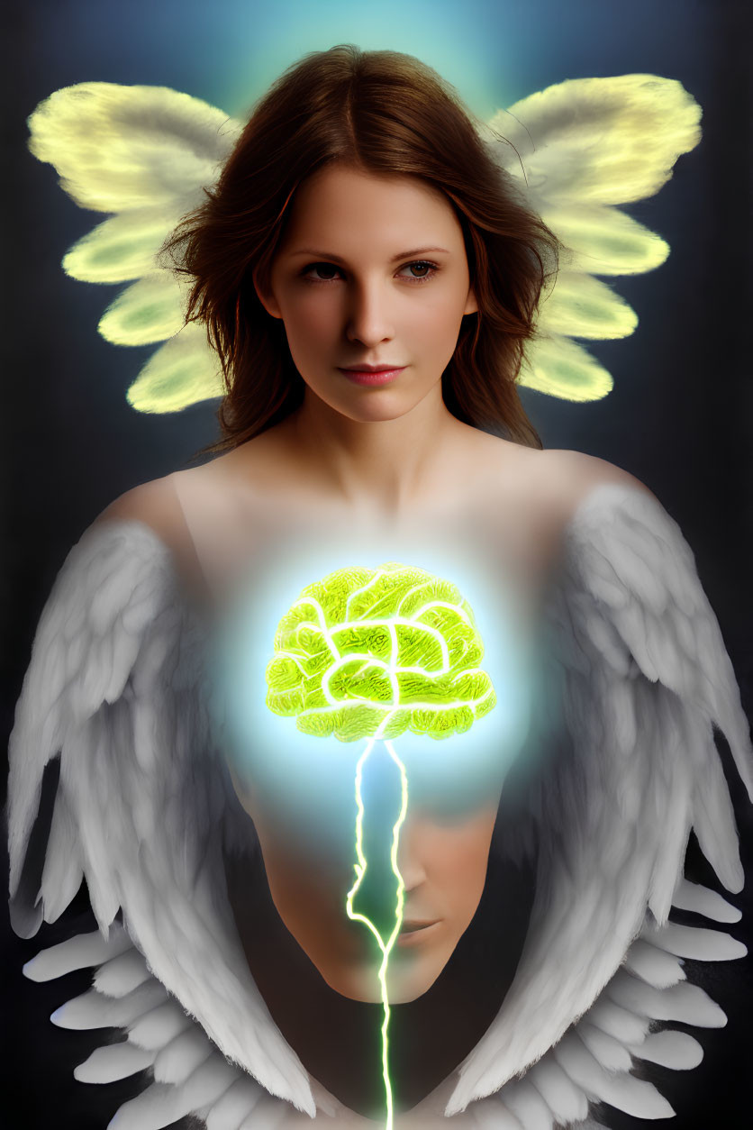 Woman with Angel Wings and Glowing Brain in Lightning Bolt Illumination
