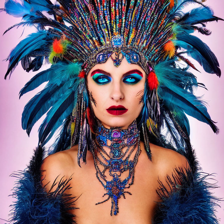 Colorful makeup and feather headdress on person with beaded jewelry on pink background