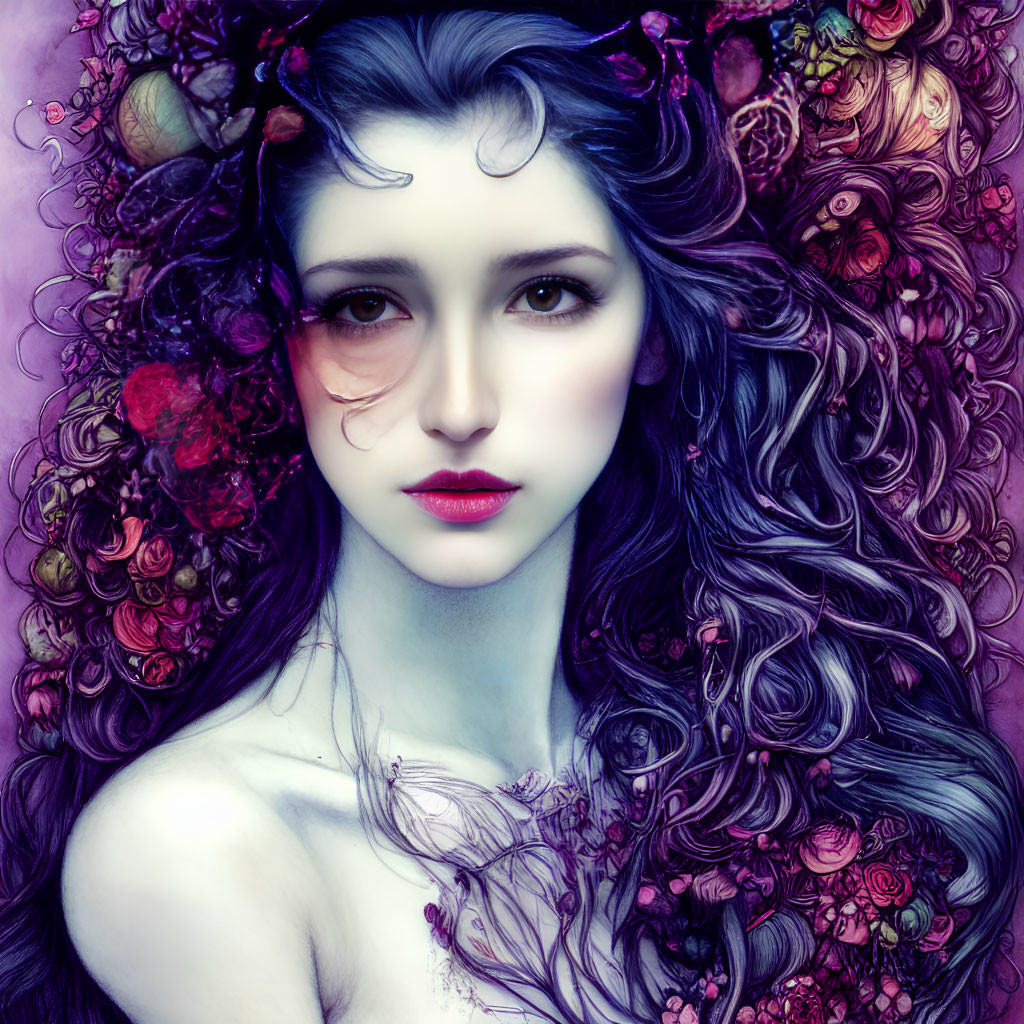 Digital artwork: Woman with pale skin, dark hair, and stylized roses in purple and pink