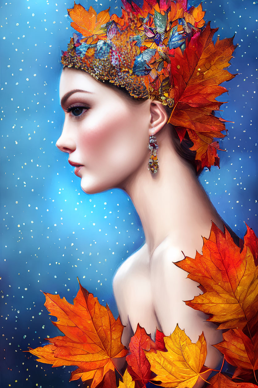 Woman with Autumn Leaf Crown and Floating Leaves on Starry Blue Background