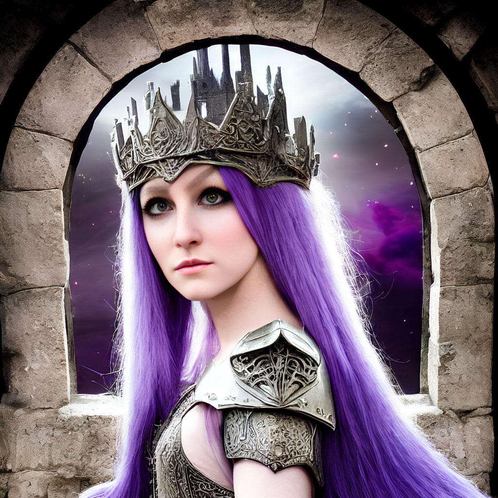 Fantasy portrait: Woman with purple hair and crown in stone archway against cosmic backdrop