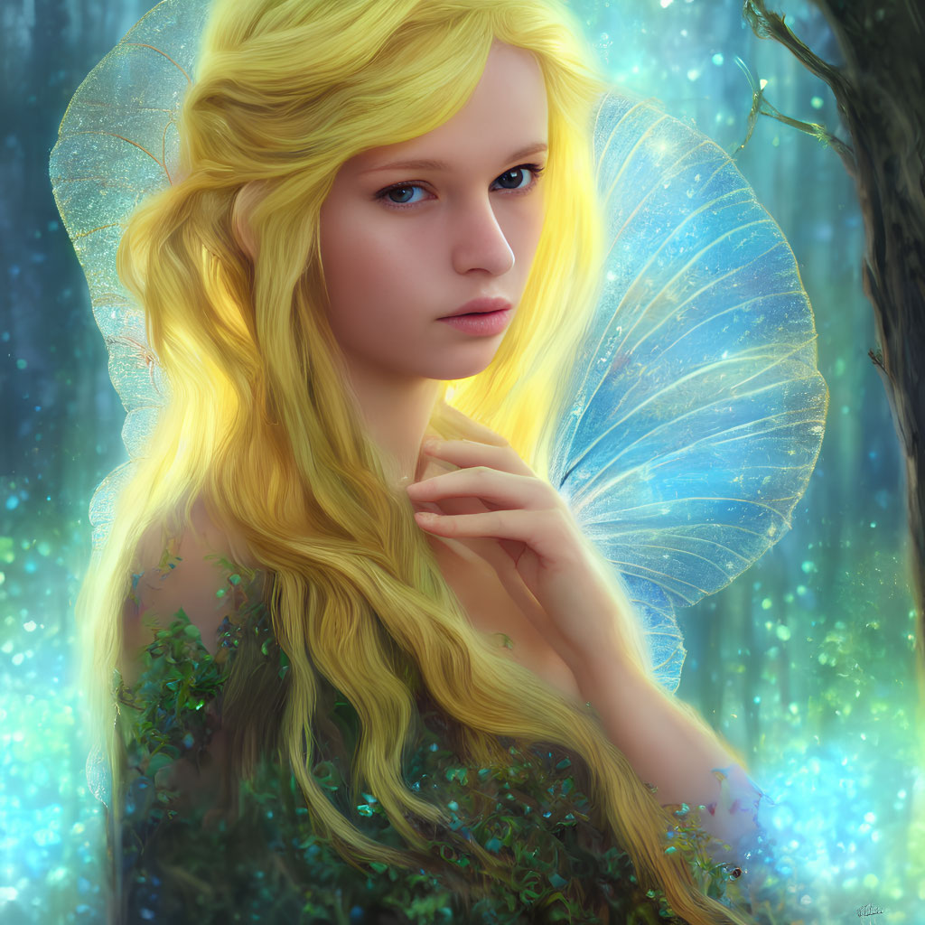 Blonde woman with butterfly wings in blue forest illustration