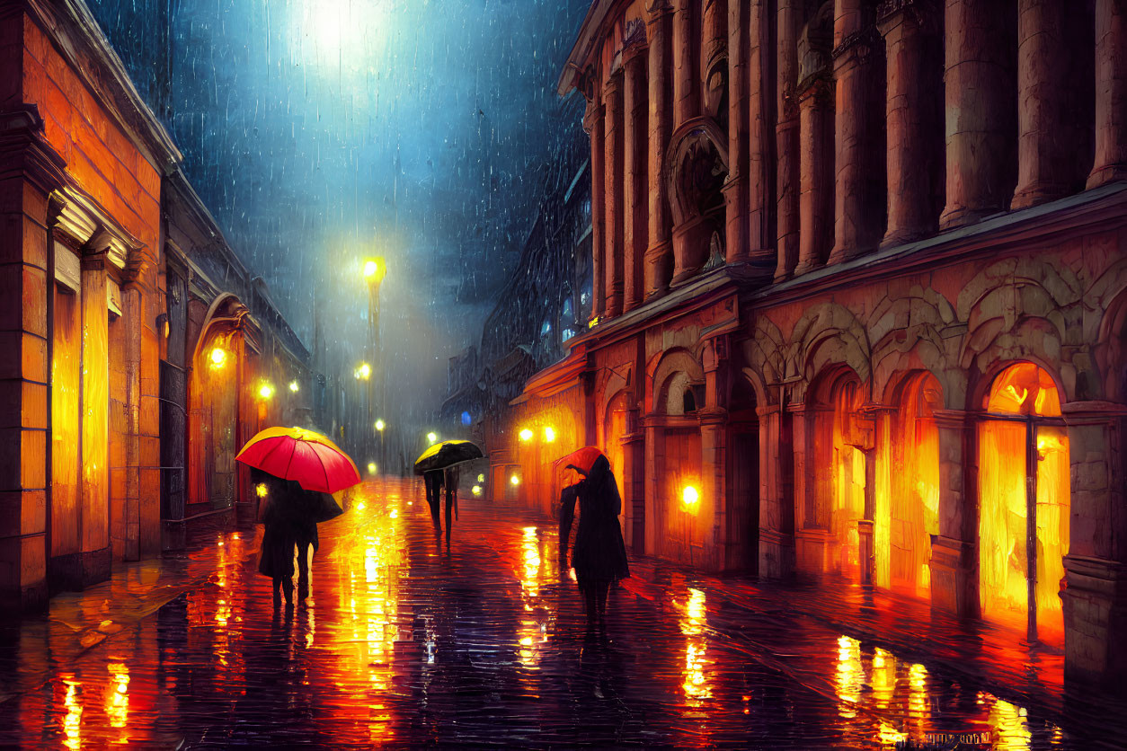Rainy city street scene with people holding umbrellas at dusk