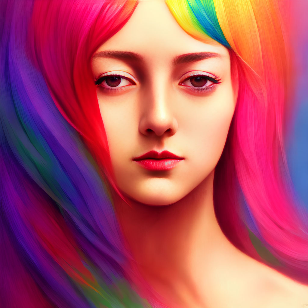 Vivid Rainbow-Colored Hair Woman Portrait on Dual-Tone Background