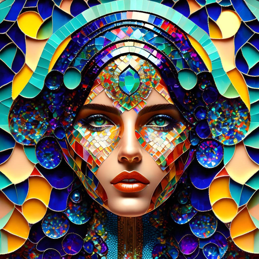 Colorful mosaic portrait of a woman with multicolored headdress and makeup