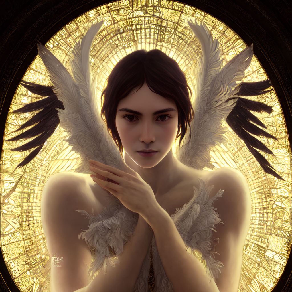 Serene individual with angelic wings in feathered attire against golden ornate background