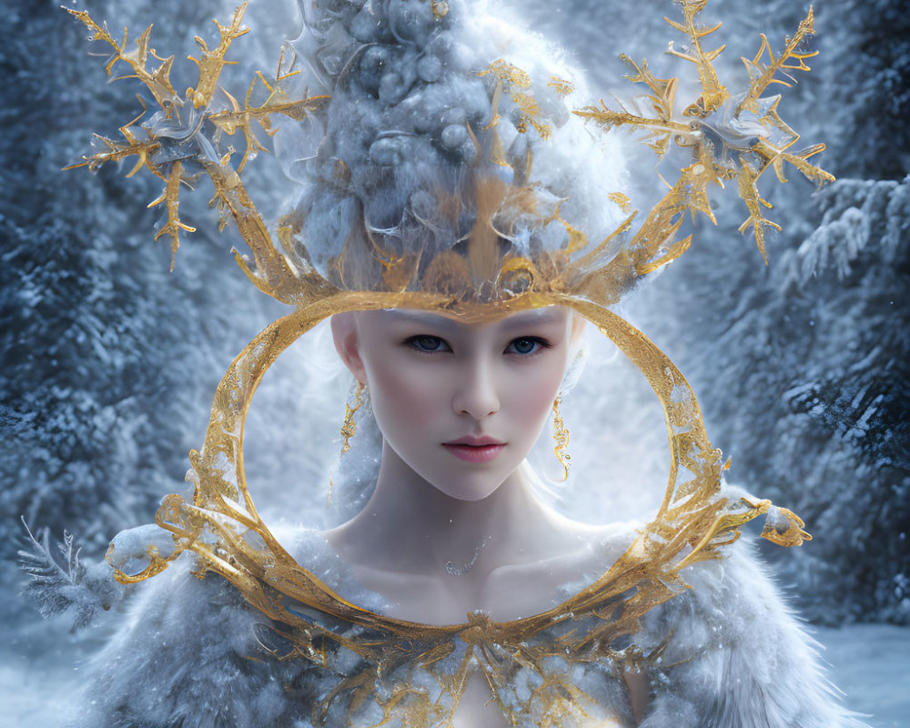 Intricate Golden Headdress on Frosty Fantasy Figure