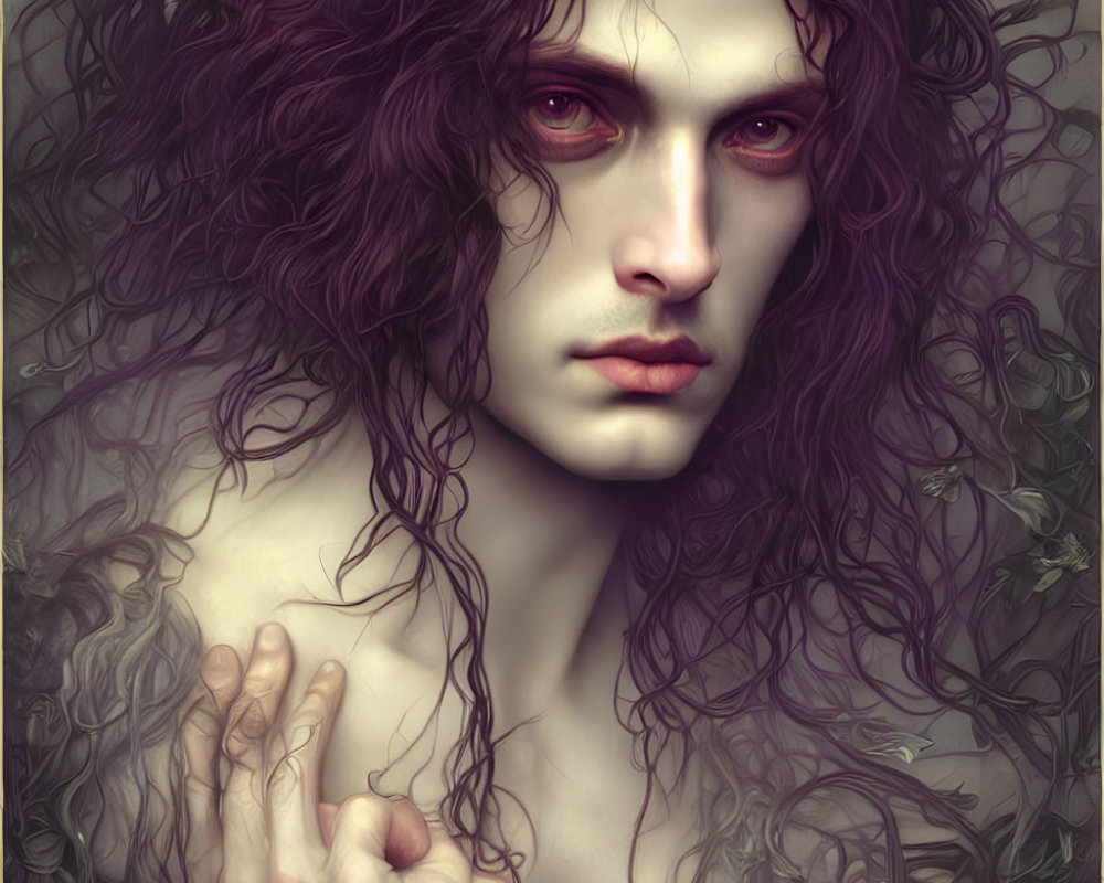 Portrait of a person with pale skin, curly dark hair, piercing eyes, and hand on chest