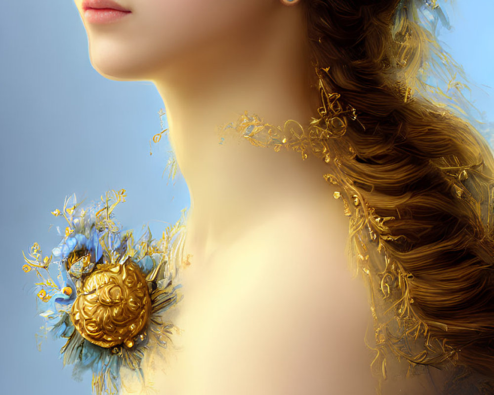 Woman portrait with golden adornments and blue flowers in hair