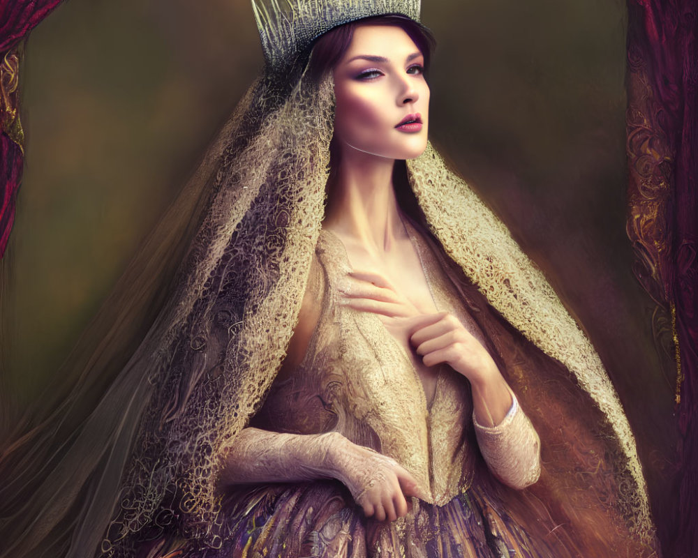 Regal figure in crown and veil, majestic pose in luxurious gown