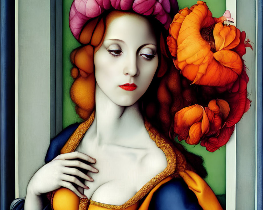 Colorful portrait of woman with pale skin, vibrant floral headpiece, blue attire.