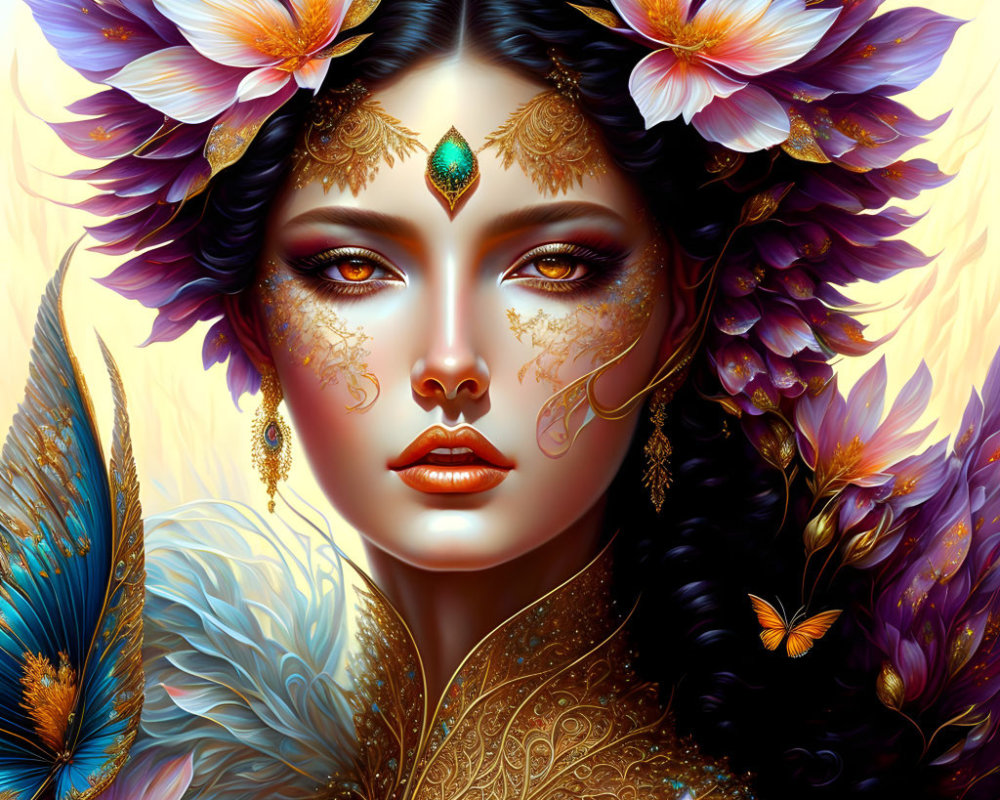 Detailed illustration of woman with purple flower headdress, golden jewelry, feathered collar, and butterfly on