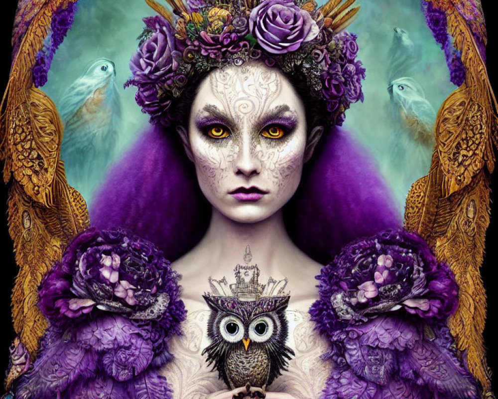 Symmetrical portrait featuring woman with purple and gold makeup, owl, floral, and bird motifs