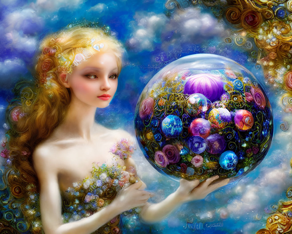 Woman with floral adornments holding colorful orb in dreamy setting