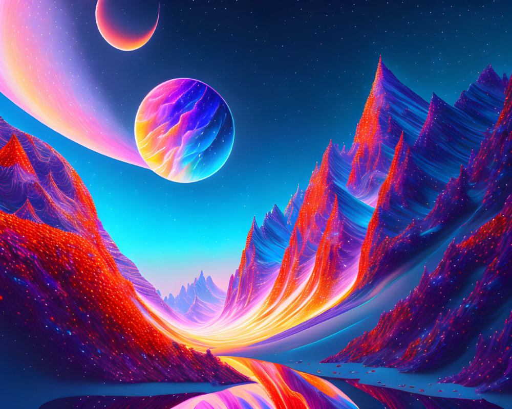 Colorful digital artwork of alien landscape with neon pink and blue hues