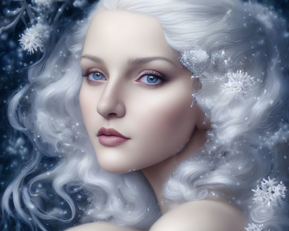 Portrait of Woman with Alabaster Skin and Snowflake Adorned Hair