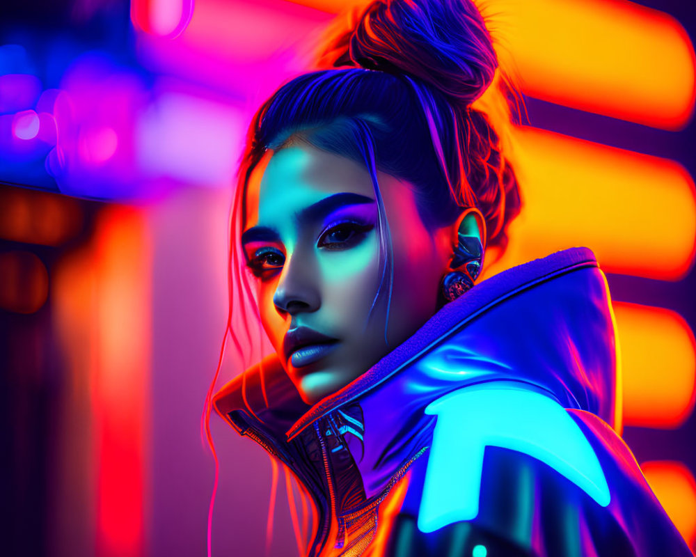 Colorful portrait of woman under neon lights with top bun and reflective jacket