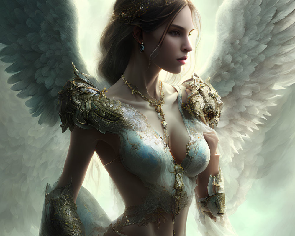 Ethereal figure in white wings and golden armor exudes serene strength