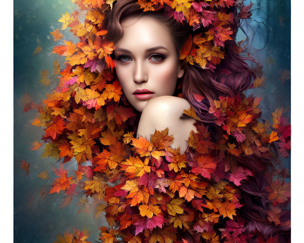 Woman with Autumn Leaves Crown and Blue Eyes