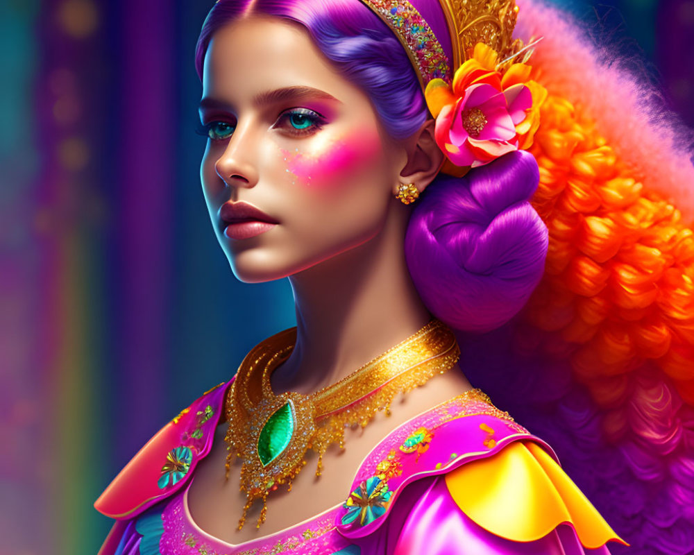 Colorful Illustration: Woman with Pink Hair and Golden Crown