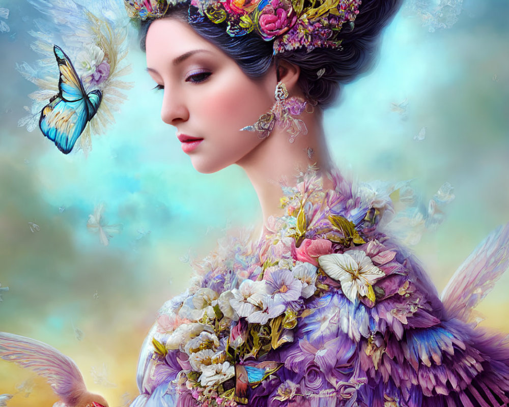 Woman with Floral Crown and Butterfly Surrounding in Colorful Setting