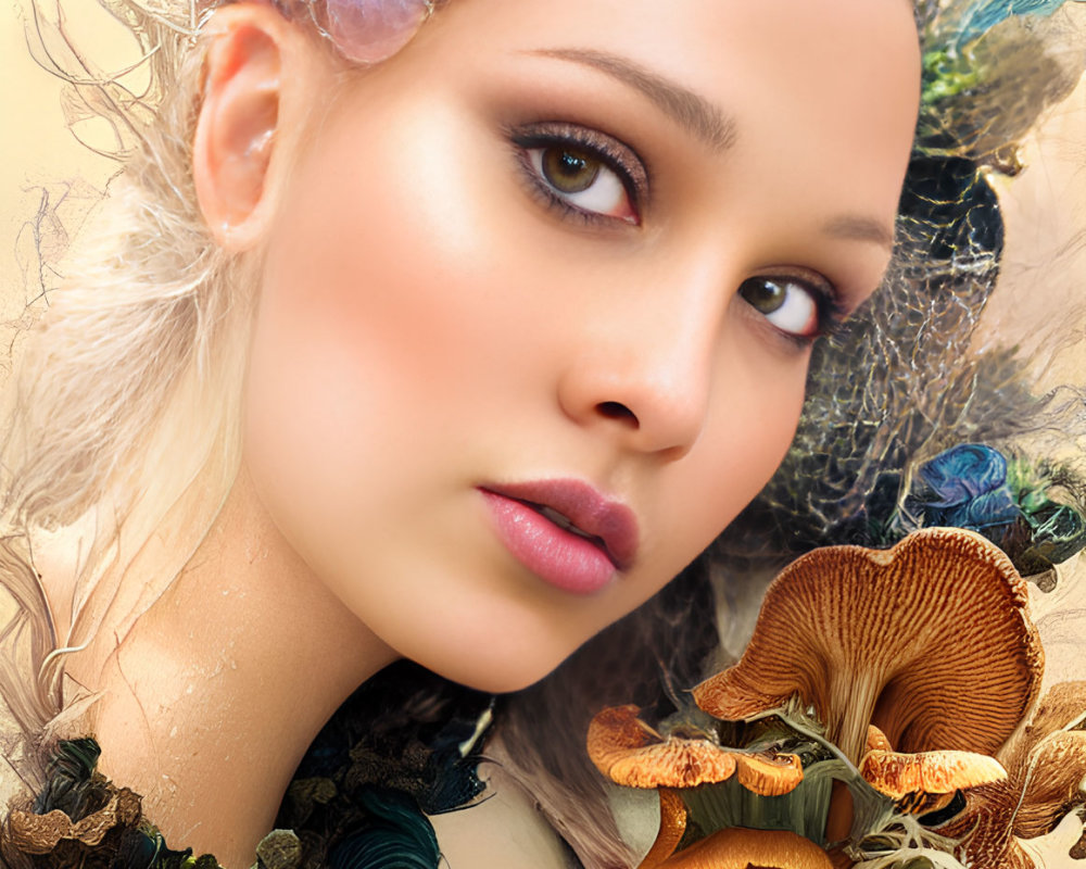 Fantasy portrait featuring woman with crown, ethereal makeup, feathers, mushrooms, and nature motifs