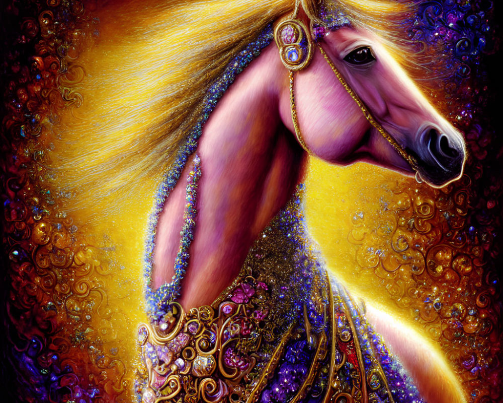 Colorful Embellished Horse with Sparkling Jewelry on Fiery Background