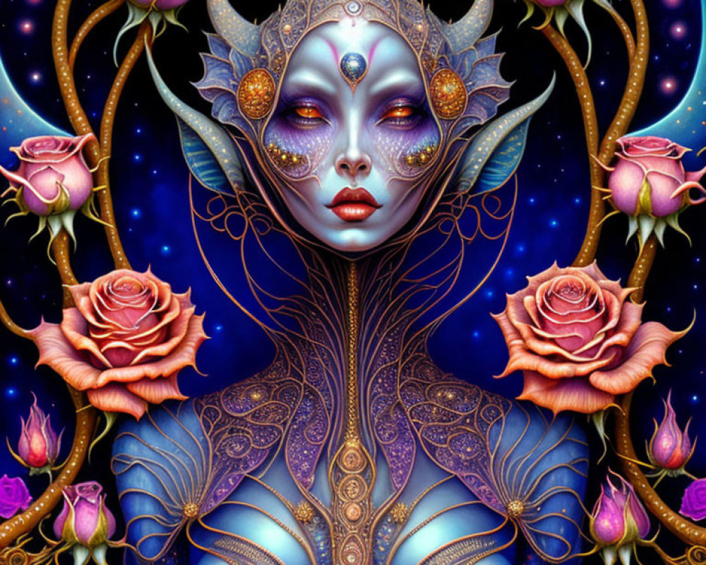 Fantasy illustration of pale-skinned female with purple hues, crown, roses, gold accents.