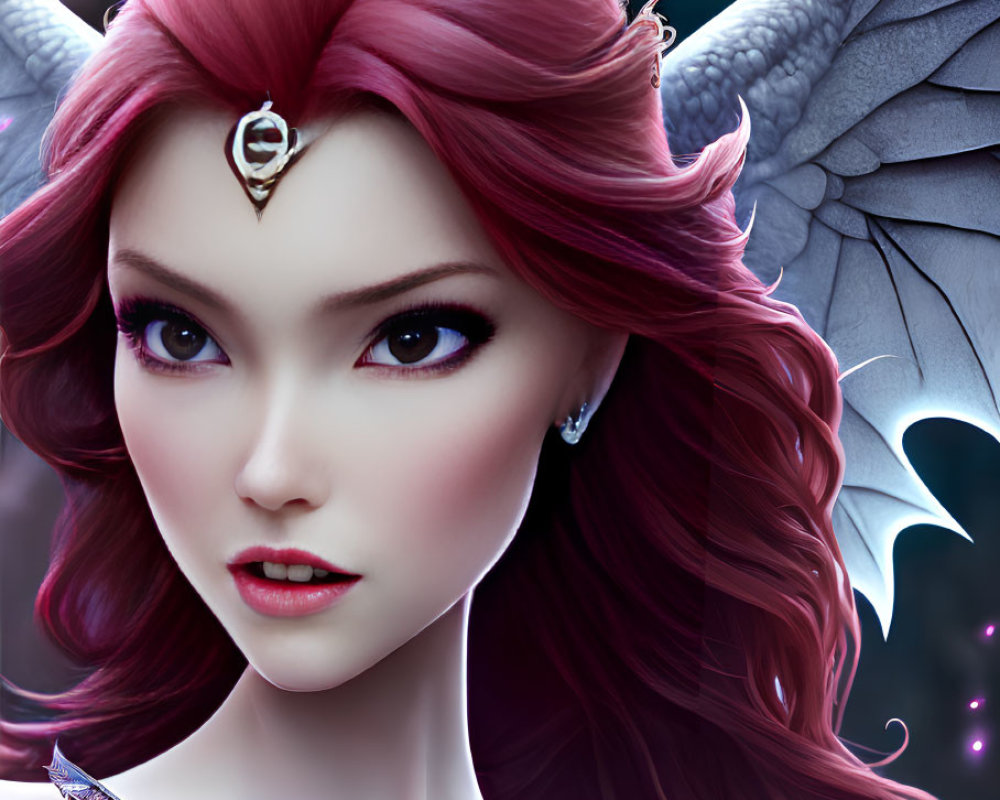 Fantastical female character with pink hair and dragonfly wings on purple background