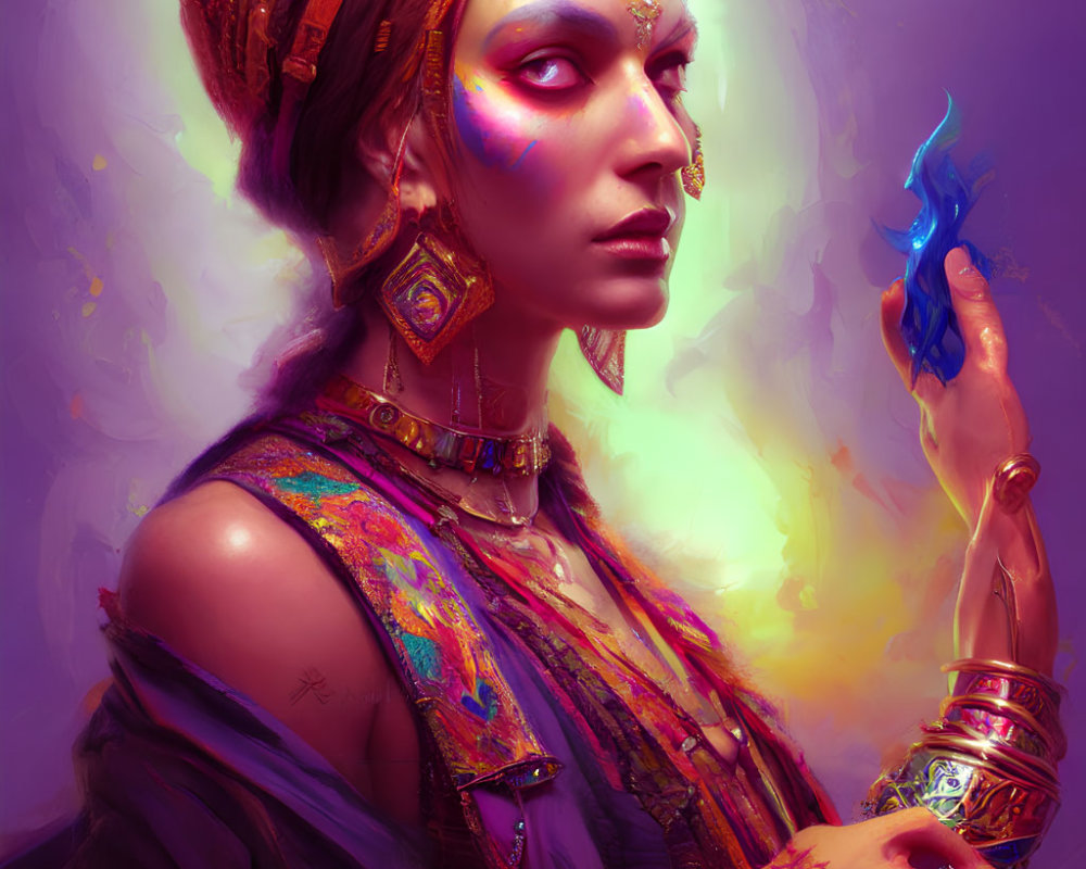 Regal woman adorned in golden jewelry holding a mystic blue flame