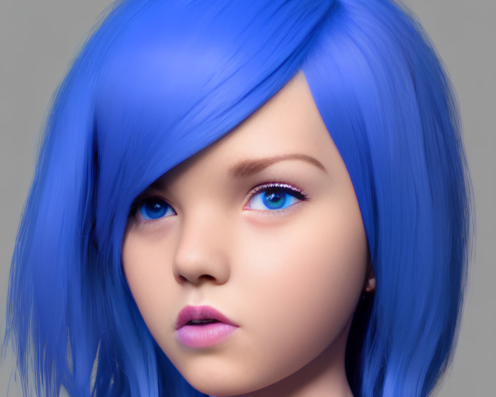 3D illustration of a girl with bright blue hair and eyes