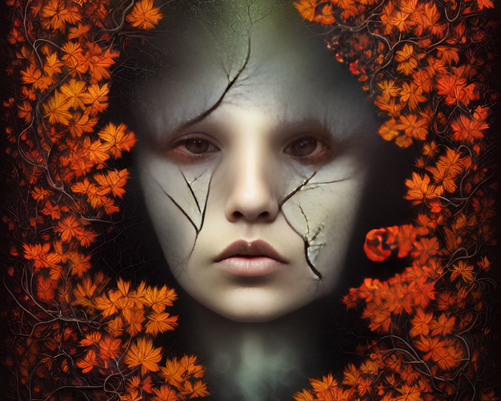 Face surrounded by orange flowers and branch cracks in darkness