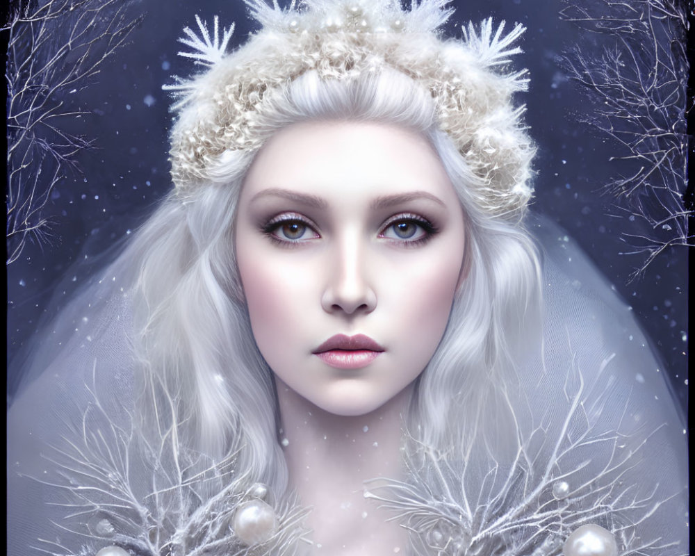 Pale-skinned woman with white hair and frost-like crown in wintry setting