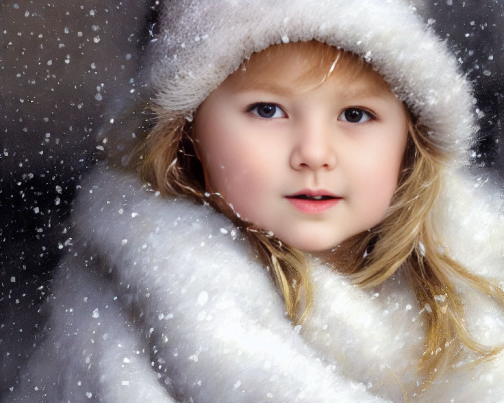 Child in white scarf and hat surrounded by snowflakes - cozy winter vibes