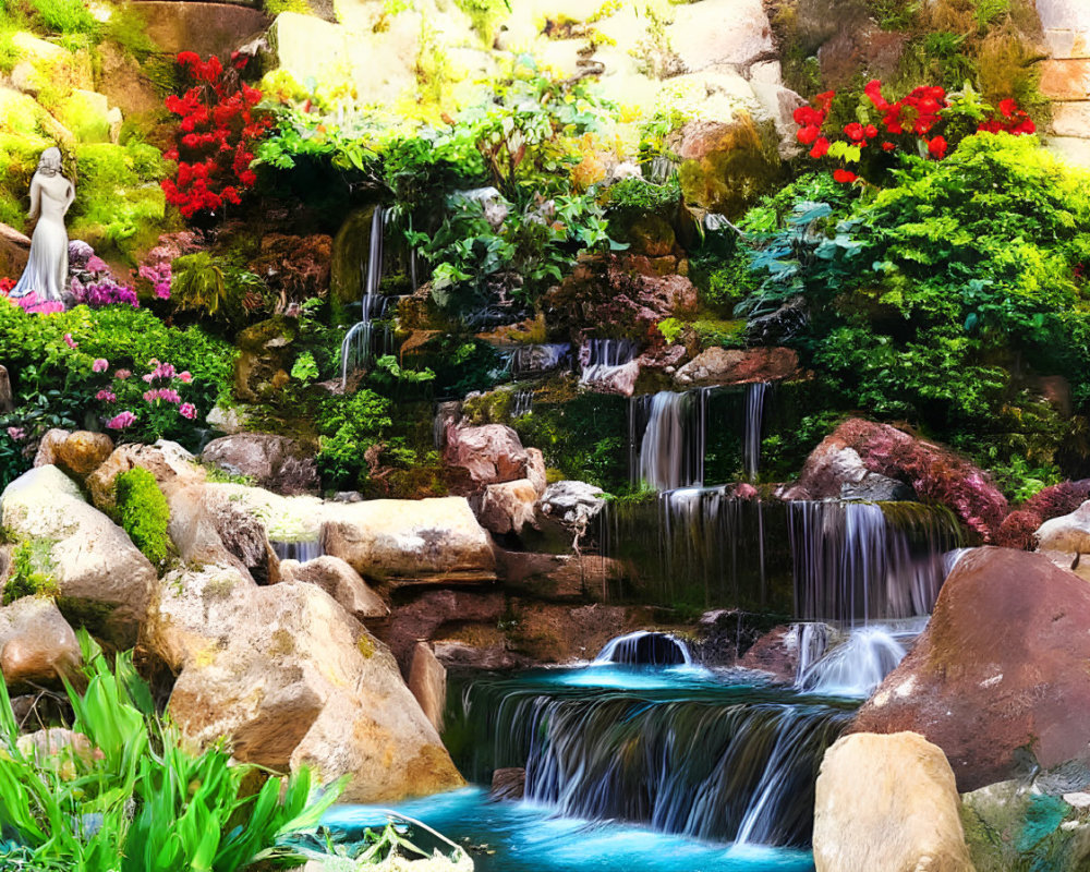 Tranquil garden with cascading waterfalls, vibrant flowers, rocks, and a hidden statue