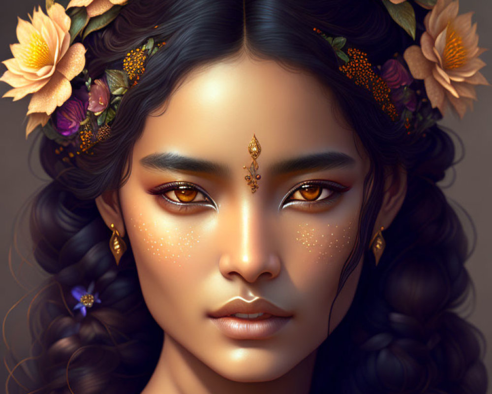 Digital portrait of woman with golden eyes and floral hairband, gold jewelry, face gems