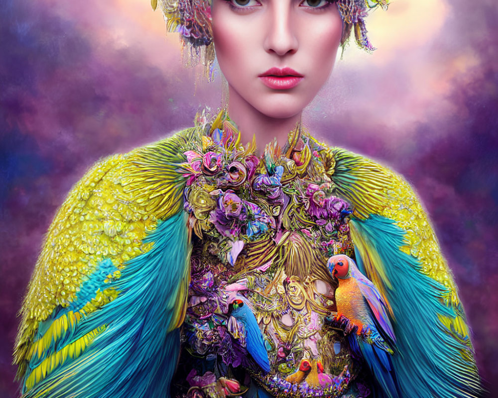 Woman portrait with ornate headdress, flower & jewel embellishments, colorful feathered garment.