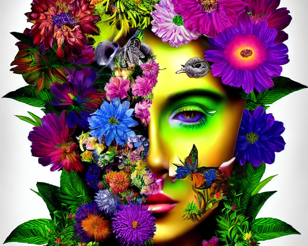 Colorful flower and butterfly woman's face artwork with green eye